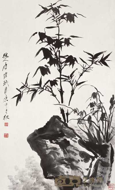 唐云 庚申(1980年)作 兰花竹石 镜心 95×57.5cm